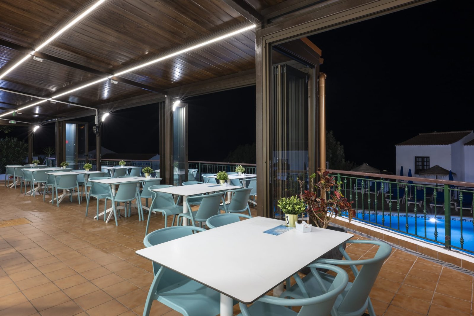The George's Bar at night with pool view